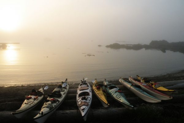 Kayaks resting on west coast beach 