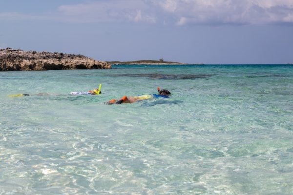 A group of snorkelers in clear Bahamian waters