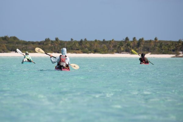 Group of kayakers in clear sea water